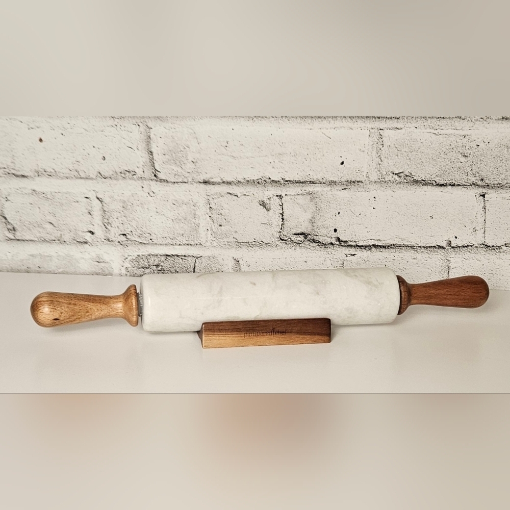 Pampered Chef Marble Rolling Pin w/ Wooden Handles & Stand Heavyweight Bake Tool